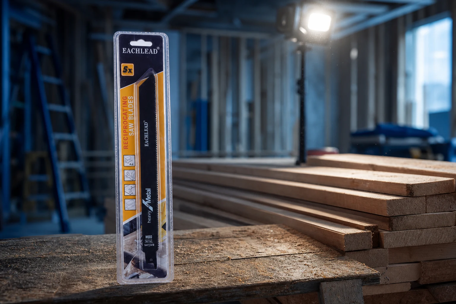 sawzall blades for wood — EACHLEAD official product with illustrative industrial background (not a real site photo)