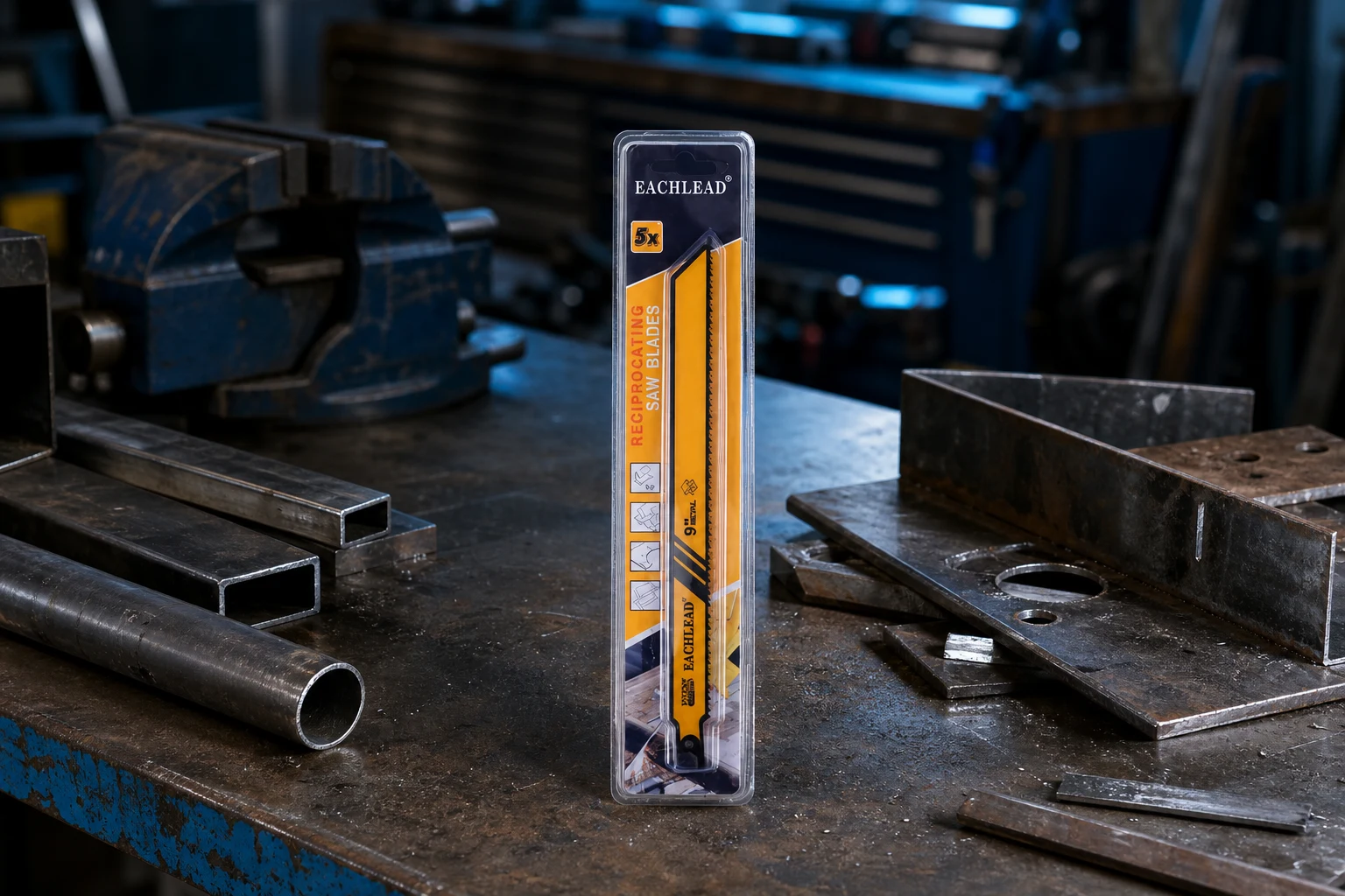 bi metal reciprocating saw blades — EACHLEAD official product with illustrative industrial background (not a real site photo)