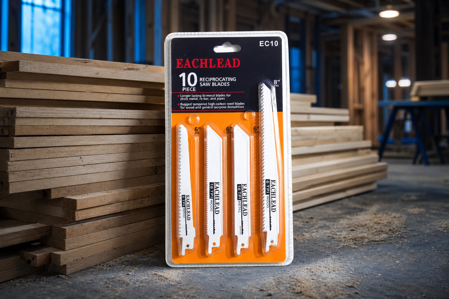 bulk sawzall blades — EACHLEAD official product with illustrative industrial background (not a real site photo)