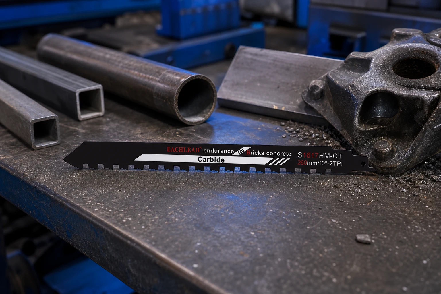 cast iron reciprocating saw blade — EACHLEAD official product with illustrative industrial background (not a real site photo)