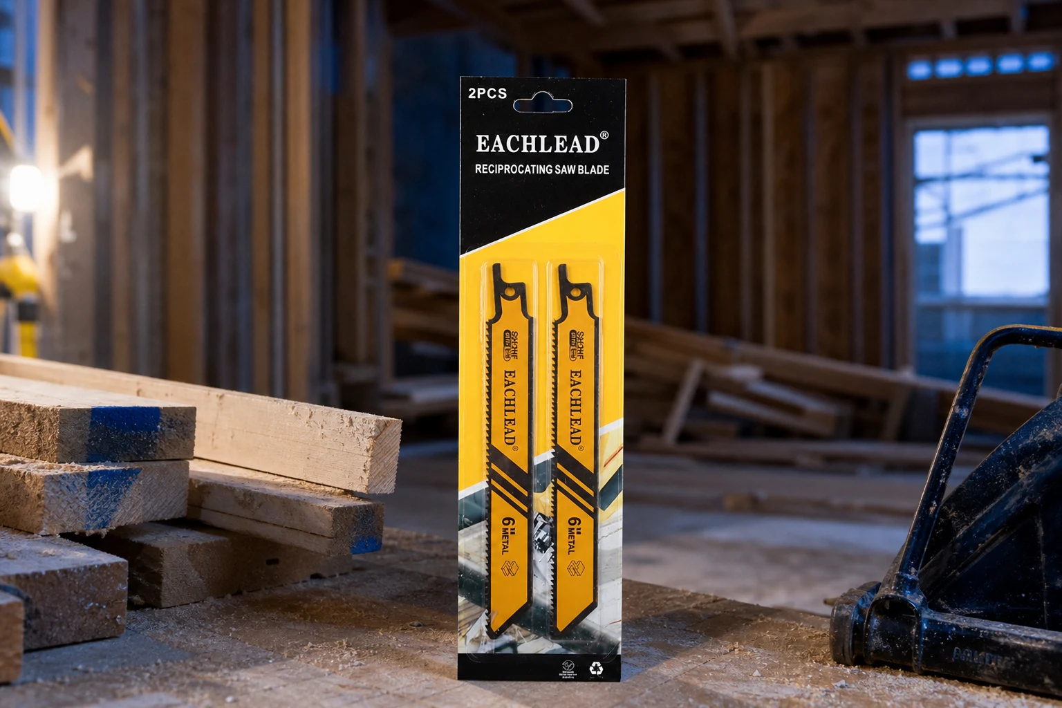 demolition reciprocating saw blades — EACHLEAD official product with illustrative industrial background (not a real site photo)