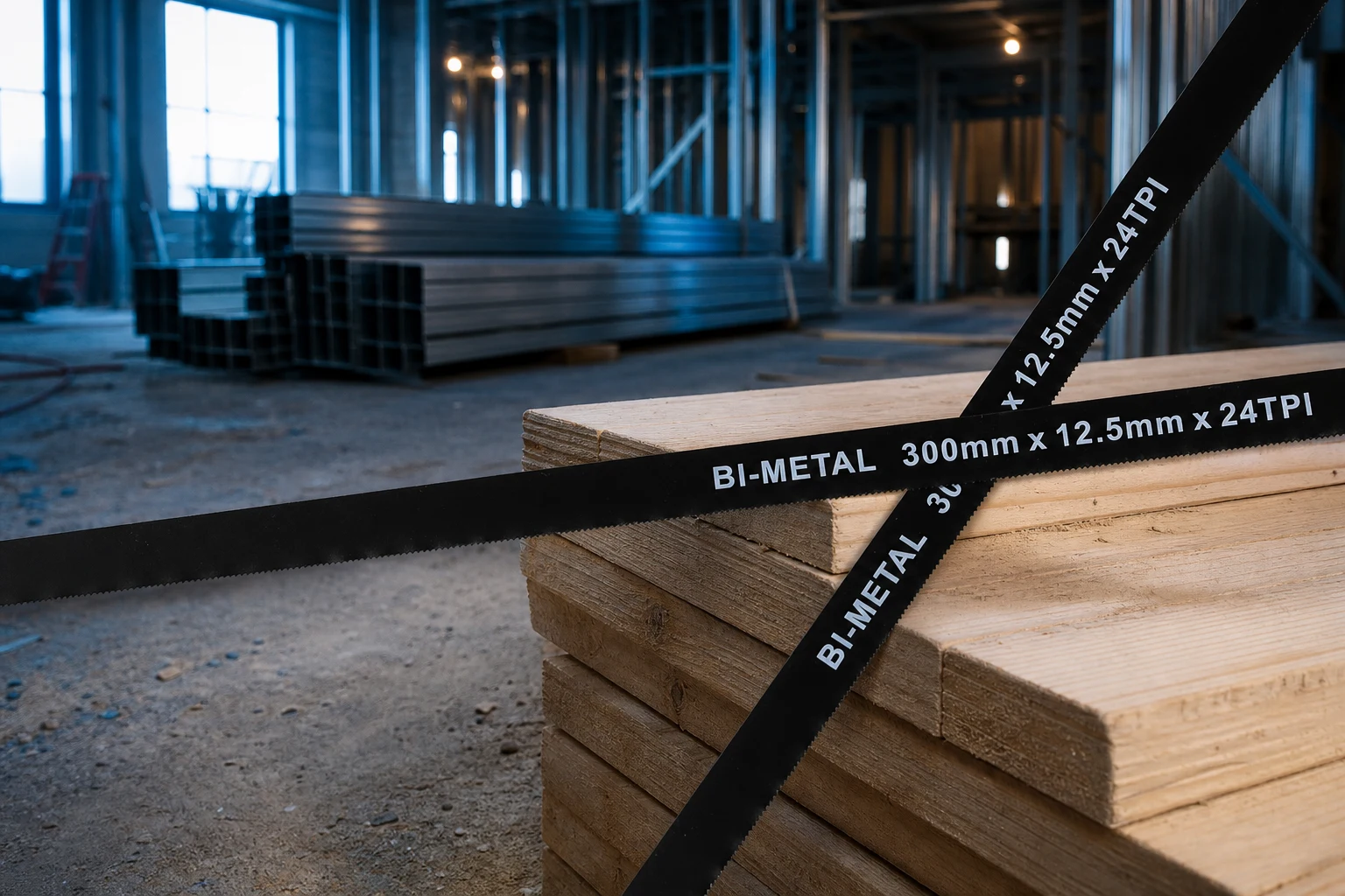 hacksaw blade for metal — EACHLEAD official product with illustrative industrial background (not a real site photo)