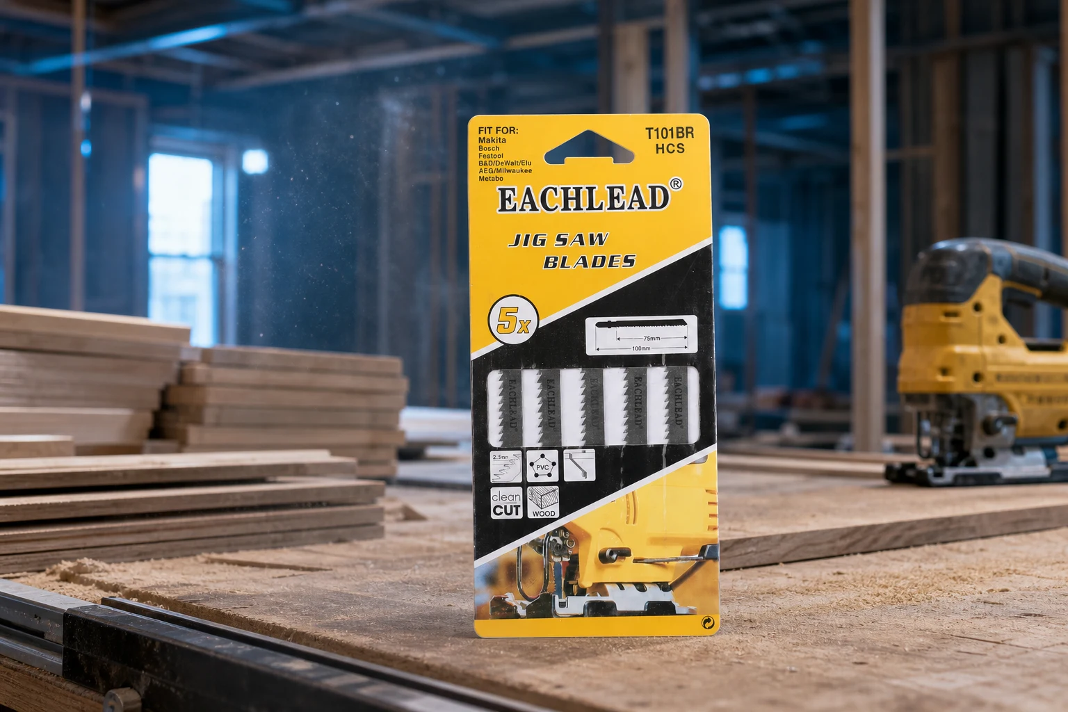 jig saw blades for laminate — EACHLEAD official product with illustrative industrial background (not a real site photo)