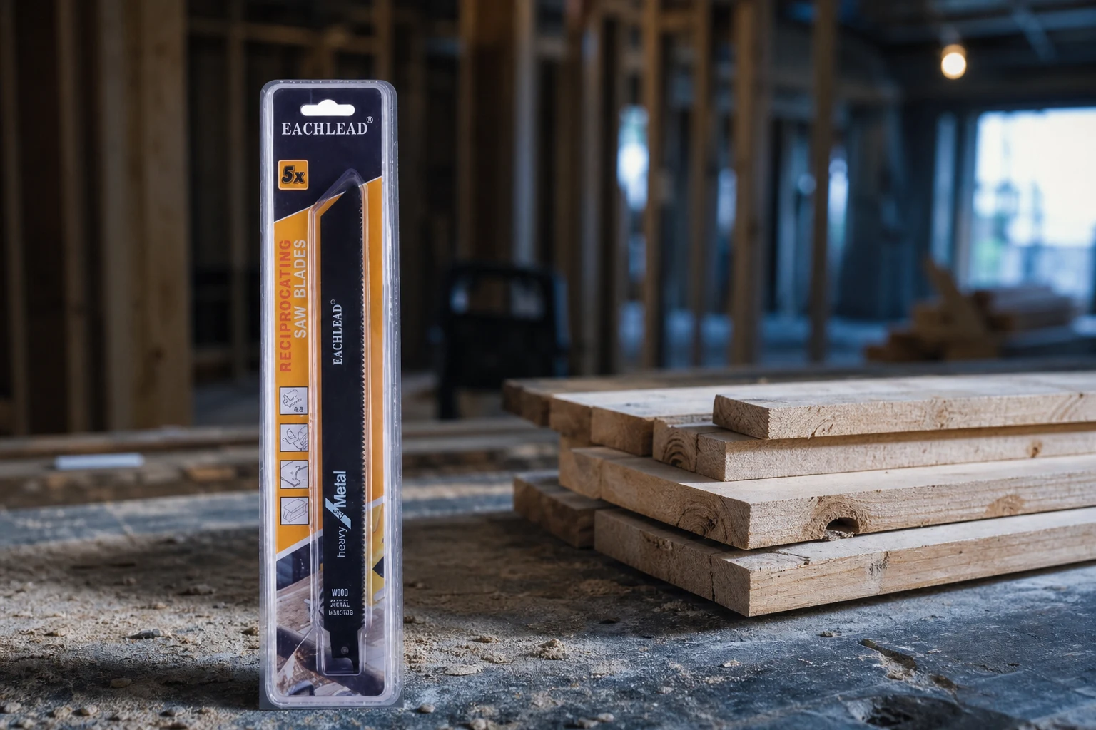 long sawzall blades — EACHLEAD official product with illustrative industrial background (not a real site photo)