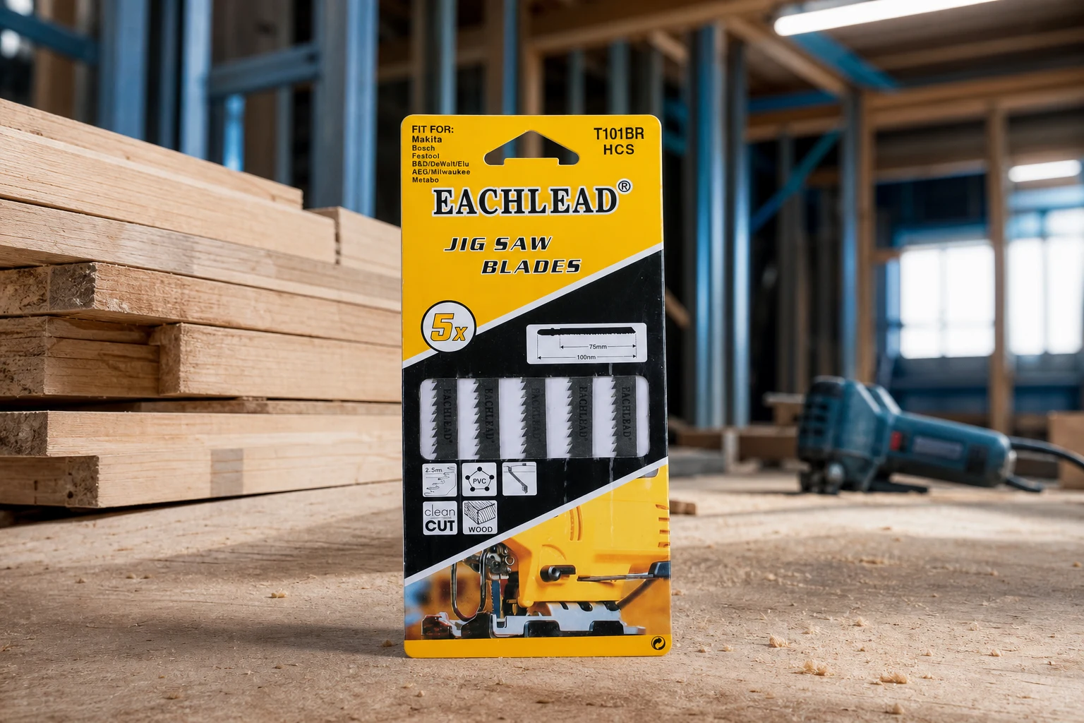 t shank jigsaw blades — EACHLEAD official product with illustrative industrial background (not a real site photo)
