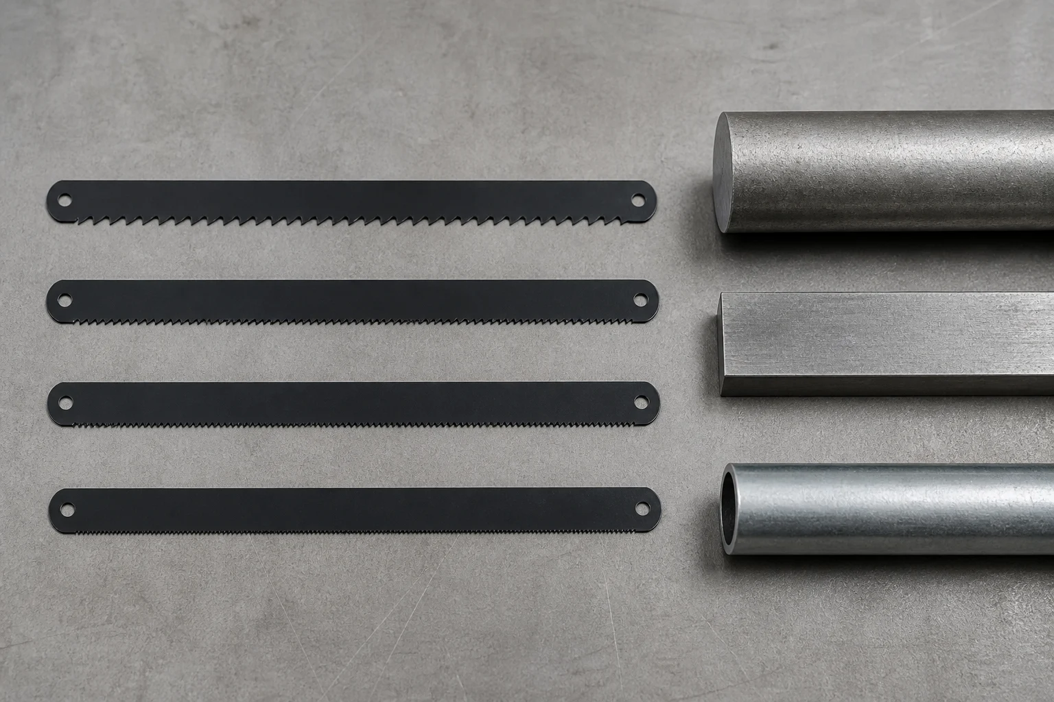 Four unbranded hacksaw blade sections arranged from coarse to fine tooth spacing beside round bar flat bar and tube