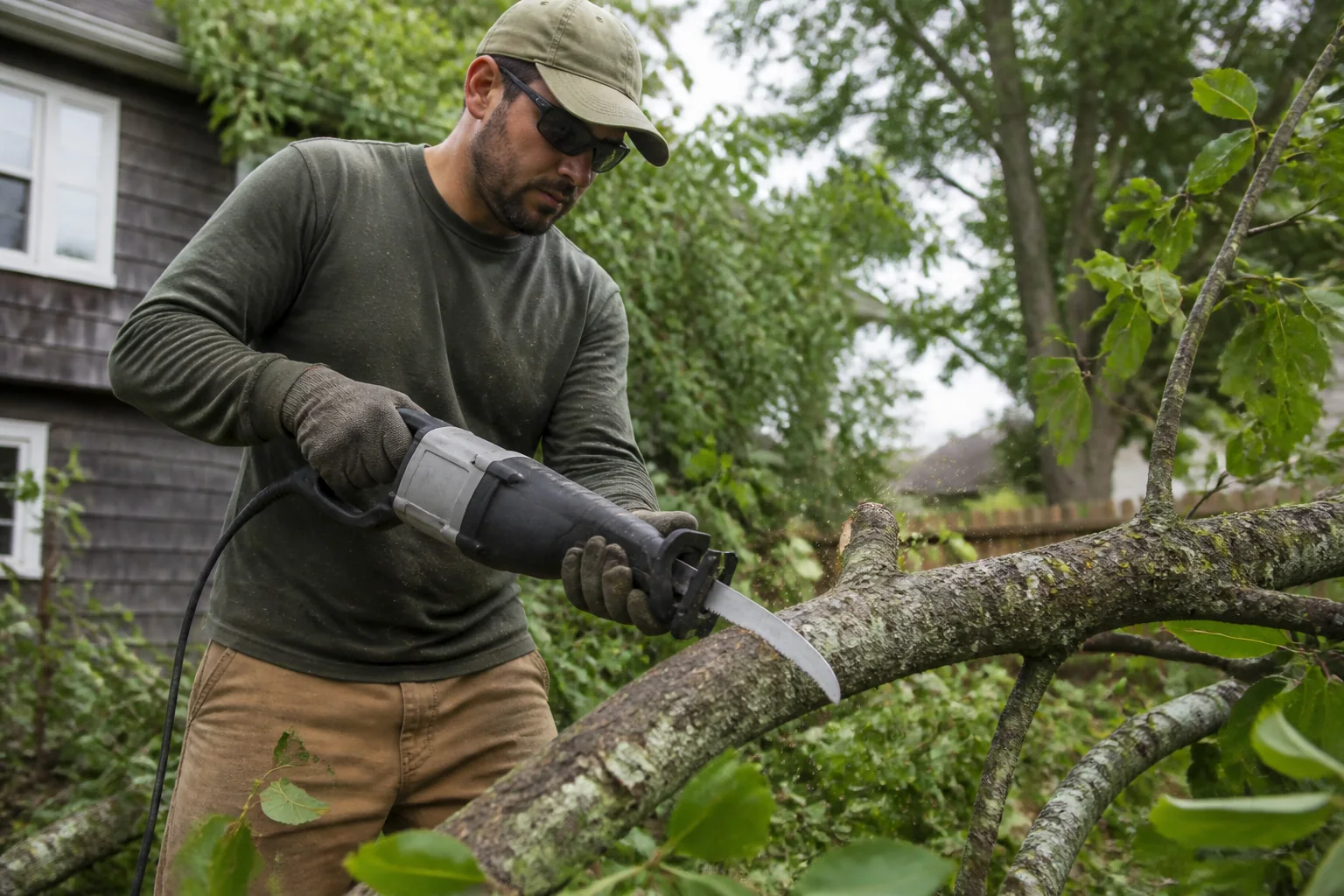 Landscaper using a reciprocating saw on a rounded tree branch