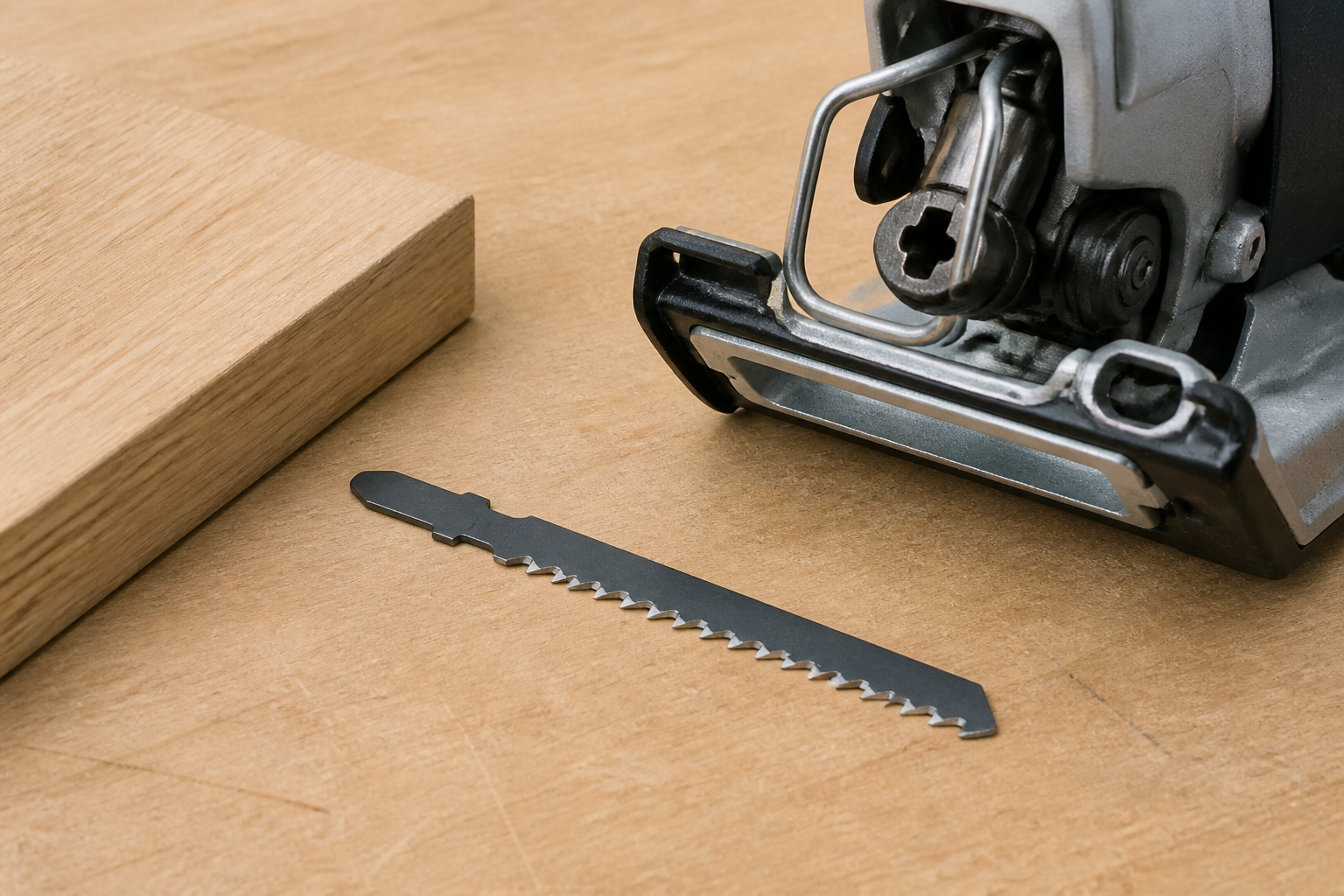 Generic unbranded jigsaw blade beside a blade clamp area and wood workpiece edge