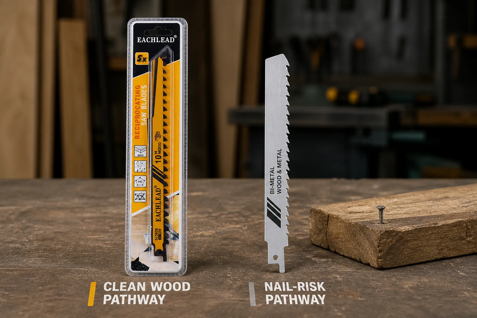 HCS wood pruning blade beside a bi-metal blade for nail-risk cuts