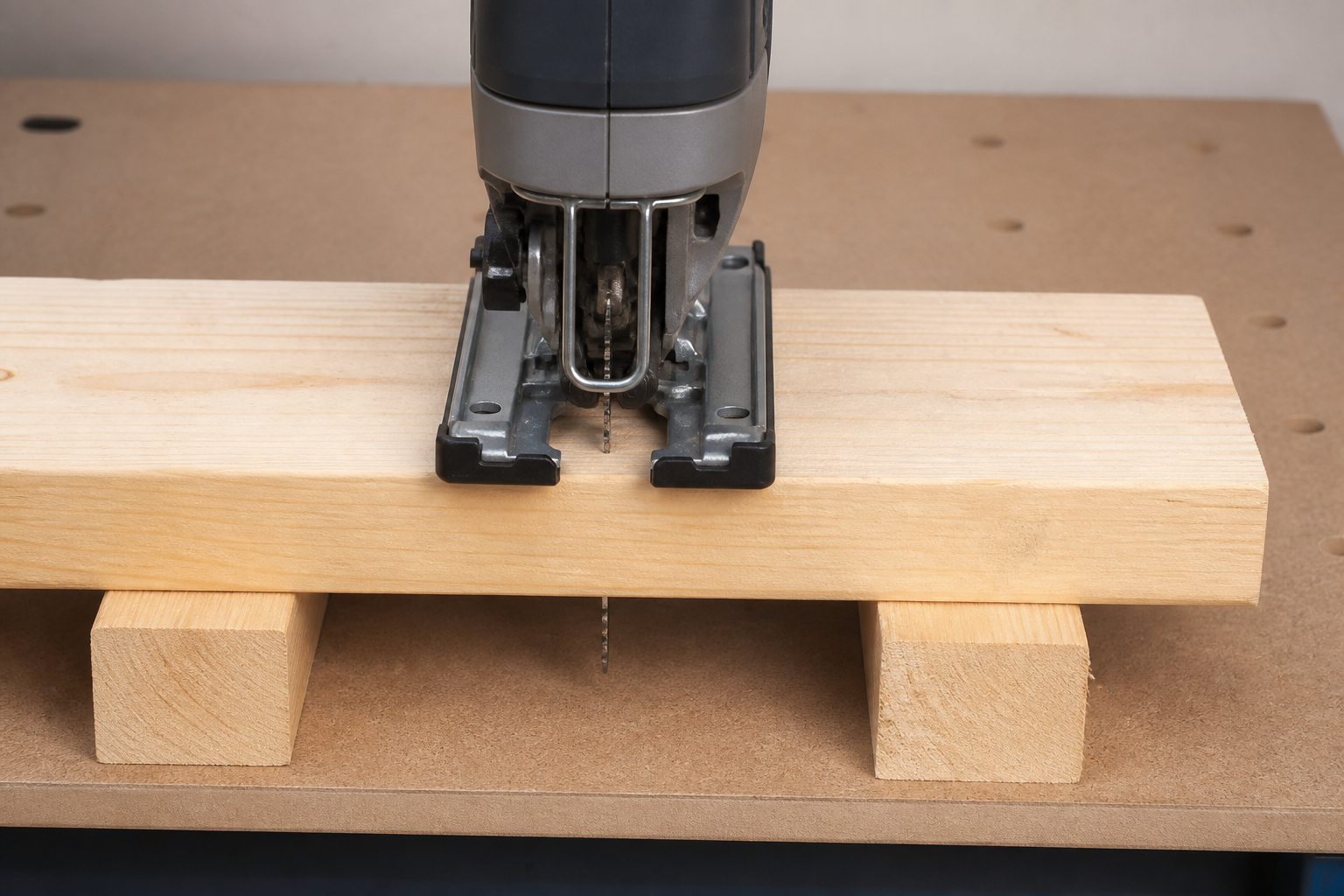 Generic close inspection of a jigsaw shoe, blade path, and supported lumber