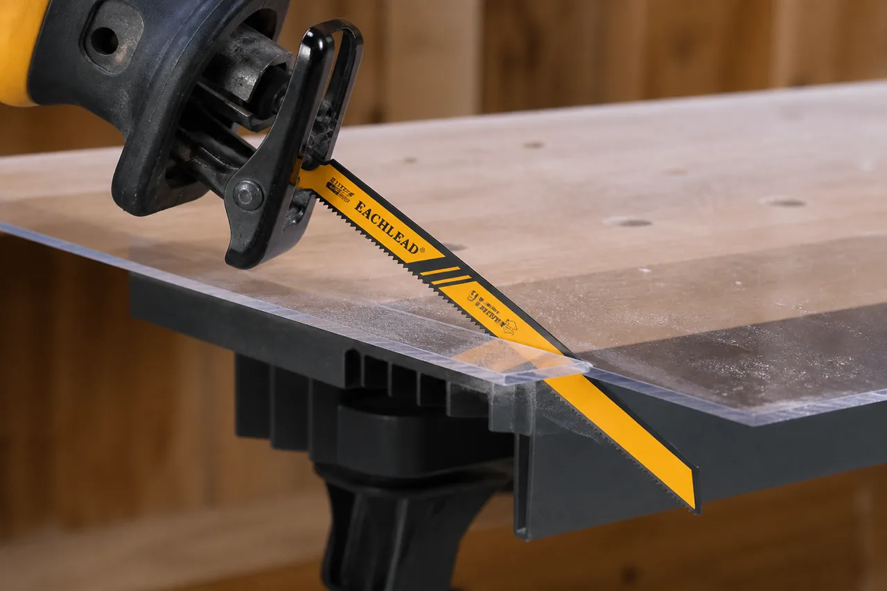 Fine-tooth bi-metal reciprocating blade for controlled plastic sheet cuts