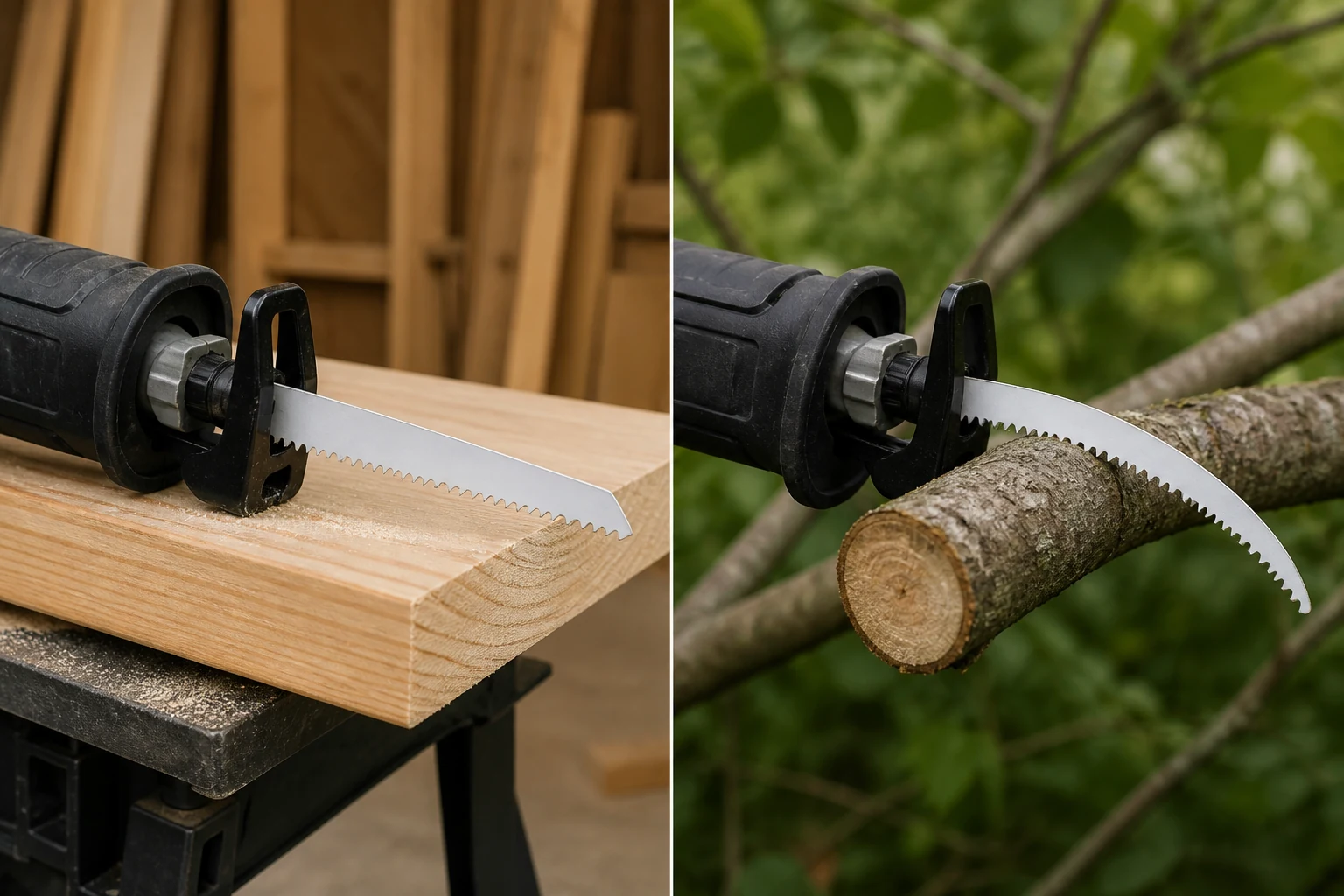 Side-by-side straight BIM blade on flat lumber versus curved blade on round branch