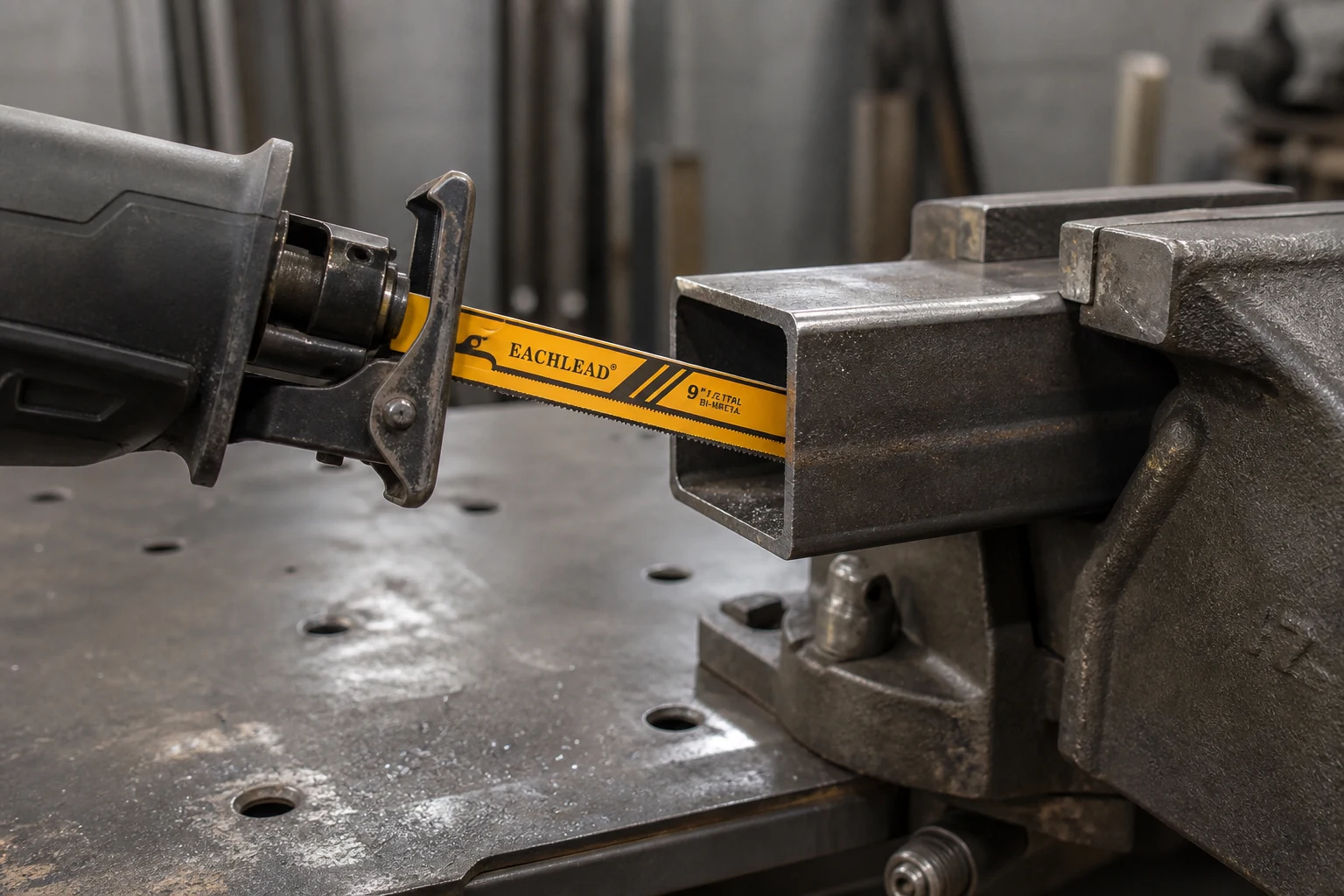 Bi-metal recip blade with shoe contact on clamped metal for controlled cutting technique