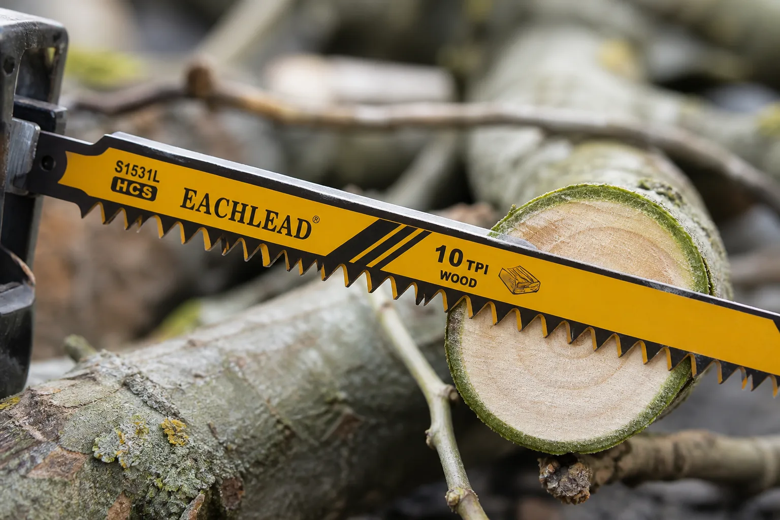 Close view of coarse TPI and deep gullets on a pruning reciprocating saw blade