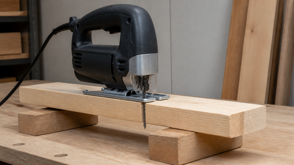 Generic unbranded jigsaw positioned on supported lumber before a cut