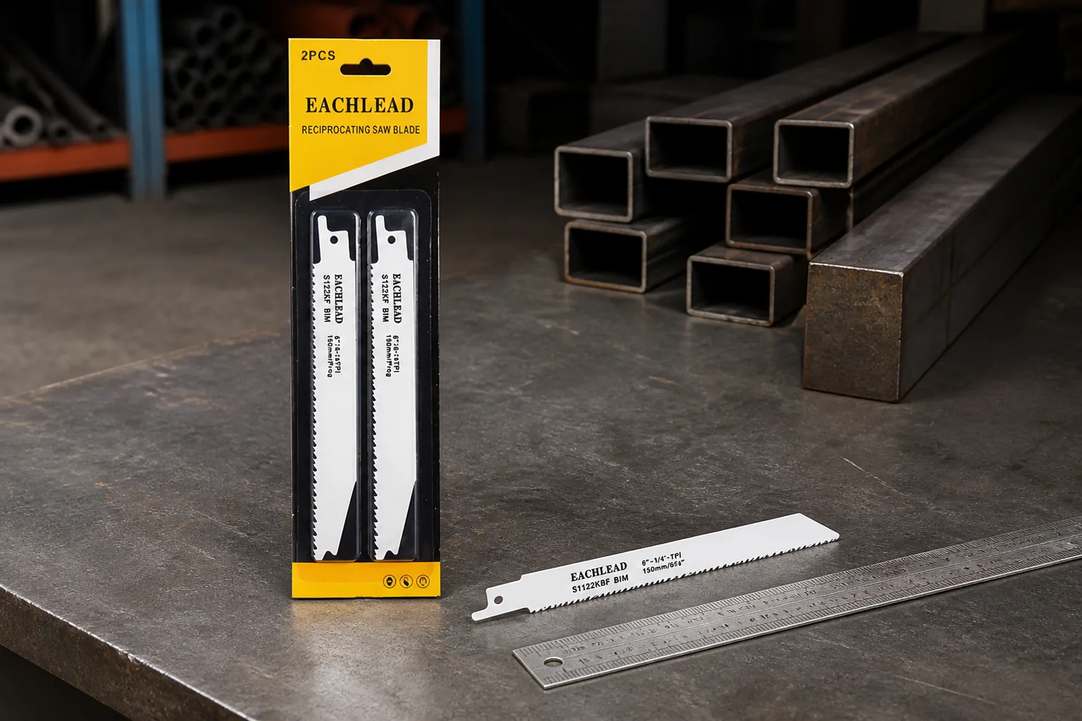 EACHLEAD progressive-tooth bi-metal recip blade on steel plate with a metal scale