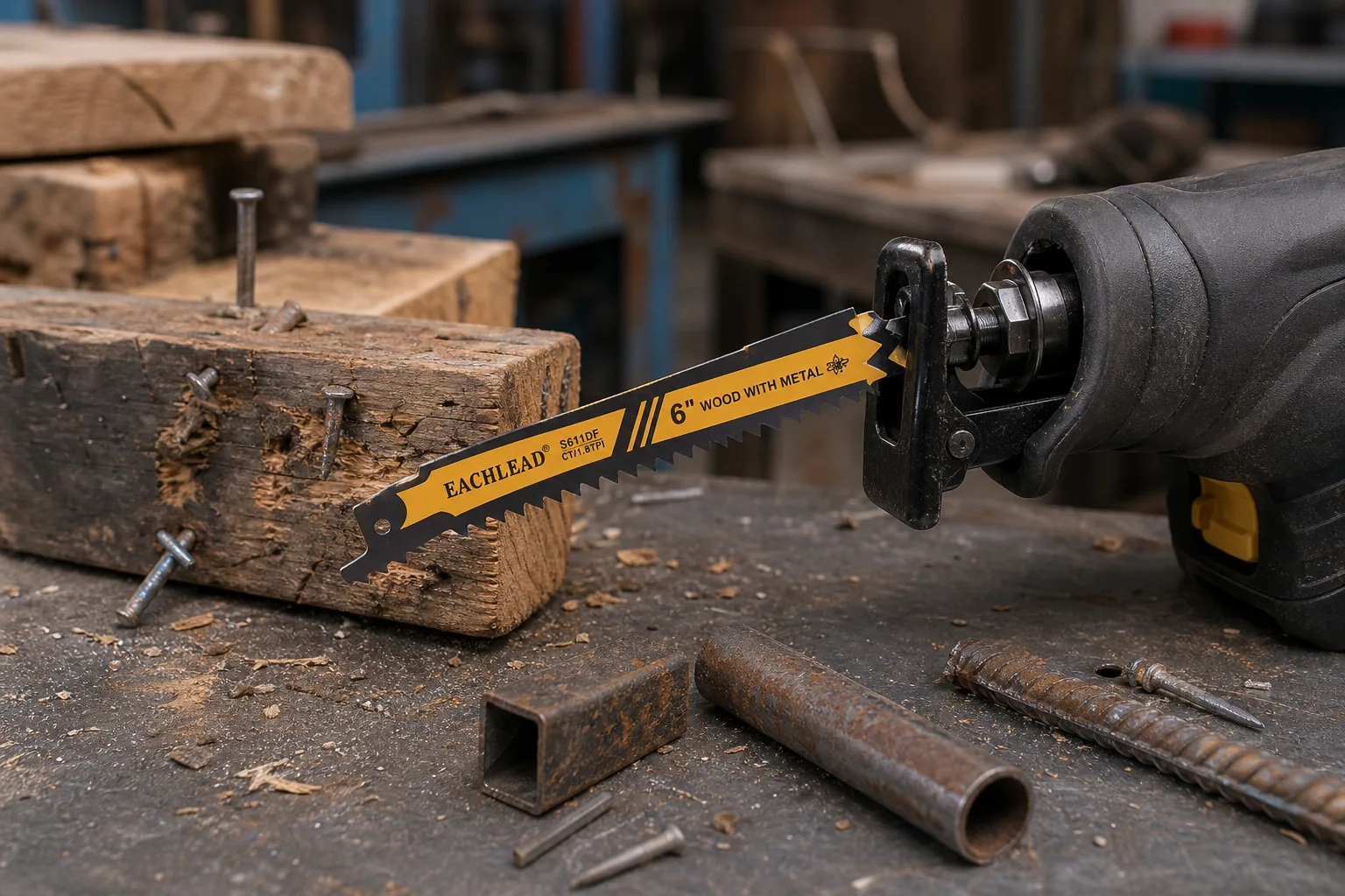 EACHLEAD coarse bi-metal reciprocating blade for wood-with-metal demolition context