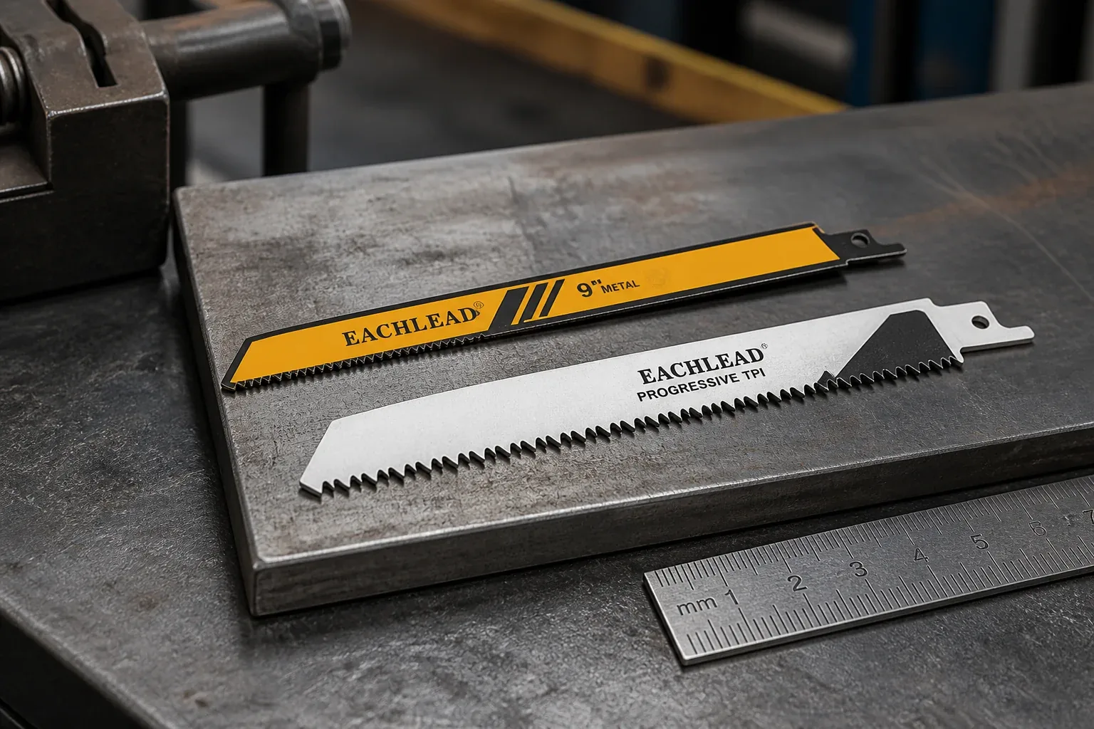 EACHLEAD metal and progressive-TPI recip blades on a steel plate with a scale