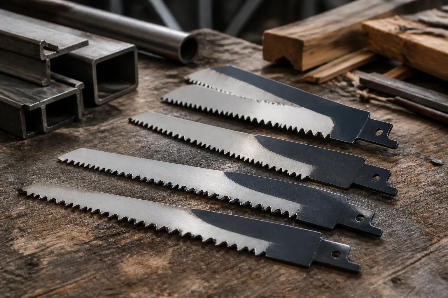 Bi-metal reciprocating saw blades staged for a mixed wood-and-metal demolition cut