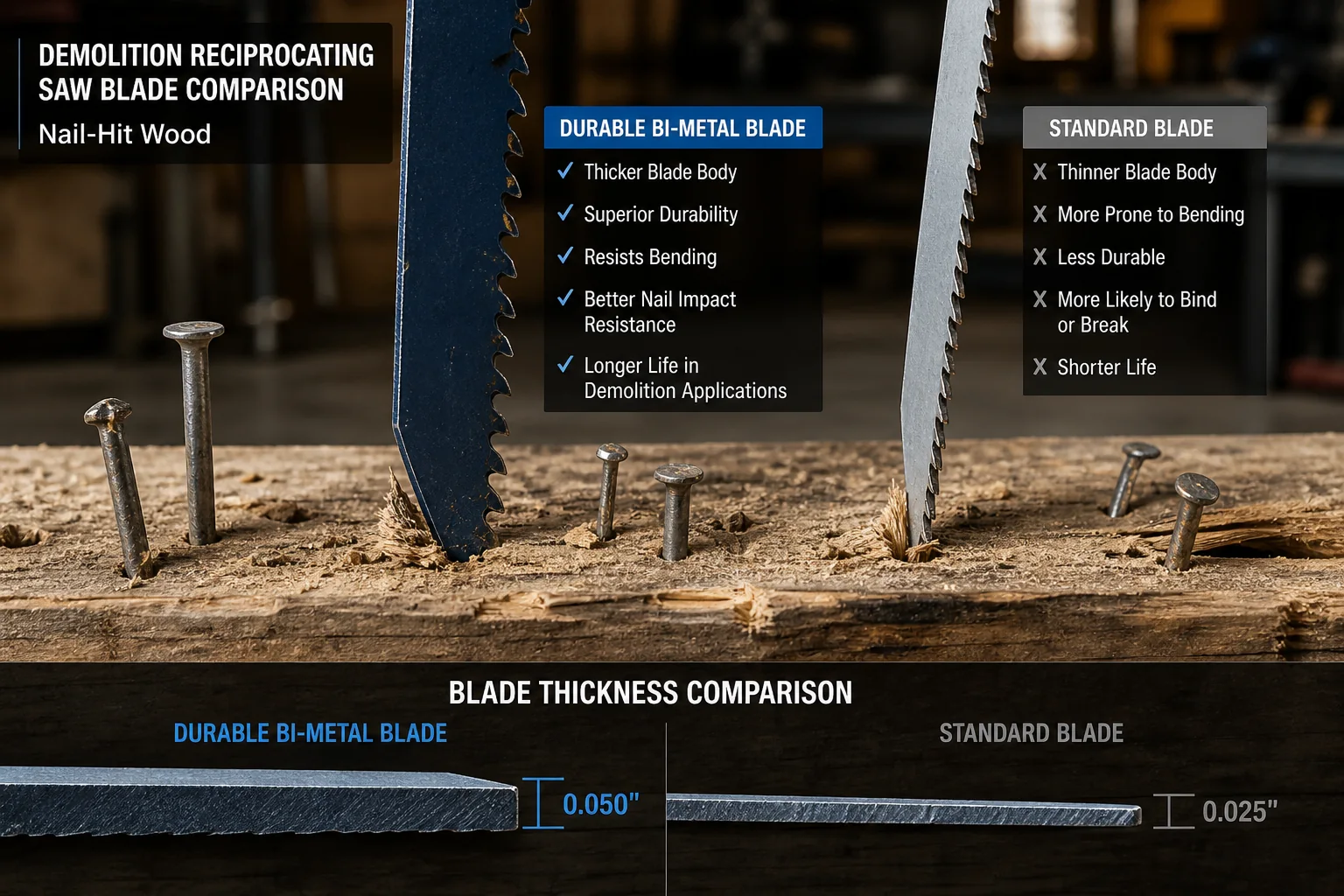Demolition reciprocating saw blade thickness for nail-hit durability
