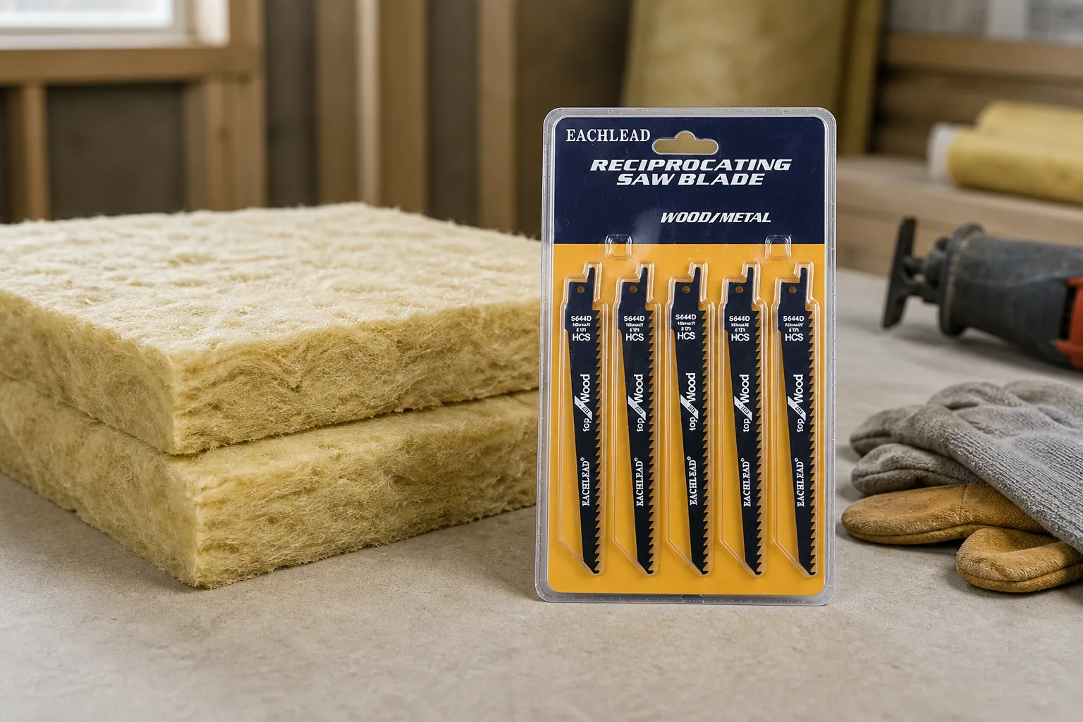 EACHLEAD HCS reciprocating saw blade pack beside fibrous insulation on a workbench