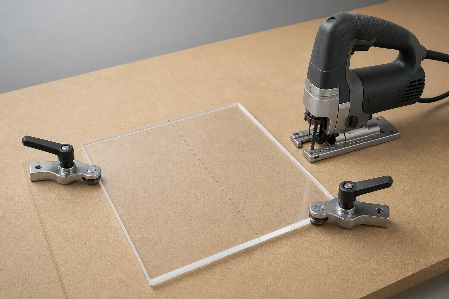A clear acrylic sample supported beside an unbranded jigsaw before a trial
