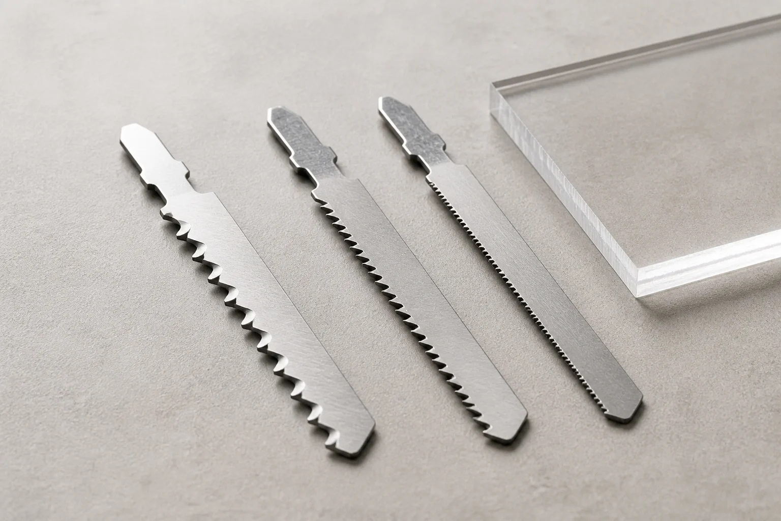 Three unbranded jigsaw blades with different tooth spacing beside a clear acrylic sample