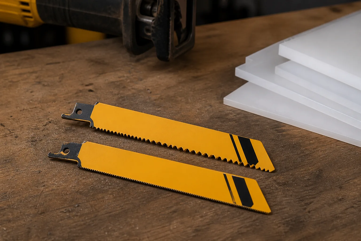EACHLEAD bi-metal reciprocating saw blade in plastic-sheet cutting workshop context
