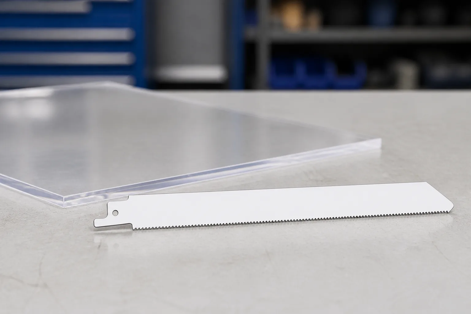 Close view of reciprocating blade teeth for TPI comparison on plastic sheet work
