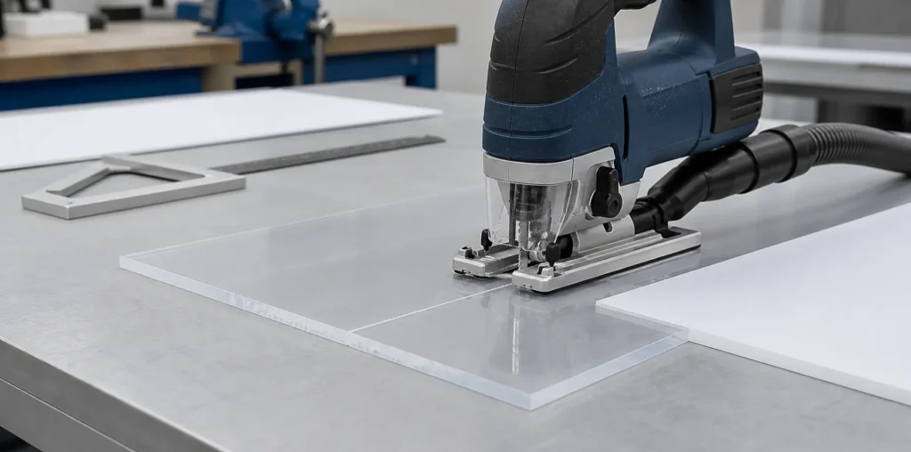 An unbranded jigsaw cutting a supported clear plastic sheet
