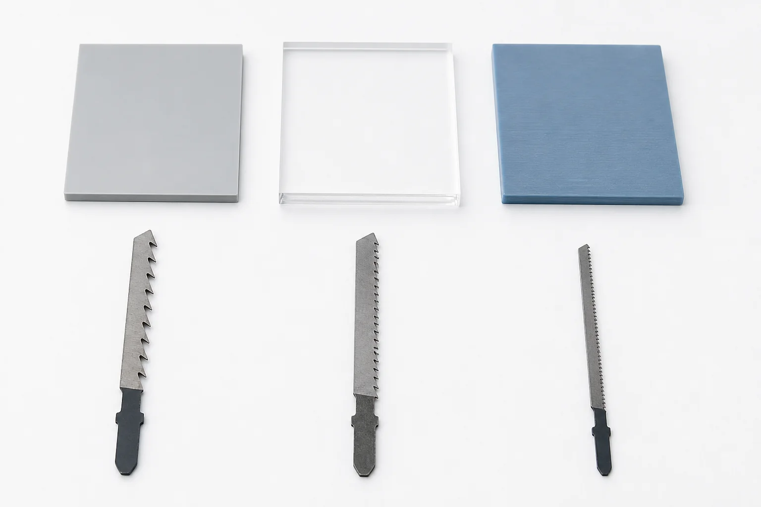 Three generic jigsaw blades beside plastic sheet samples