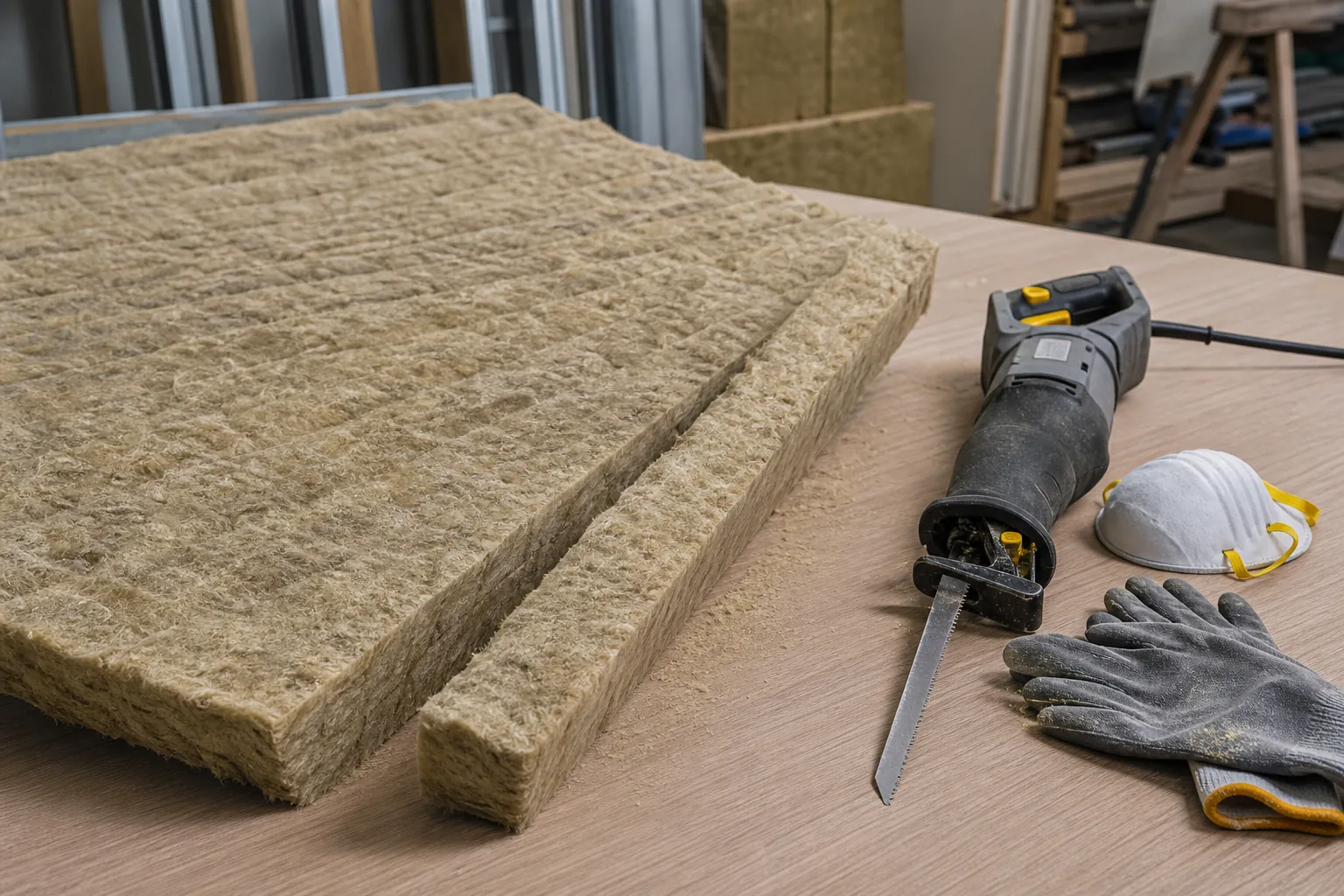 Mineral wool batt on a bench with reciprocating saw, gloves, and dust mask