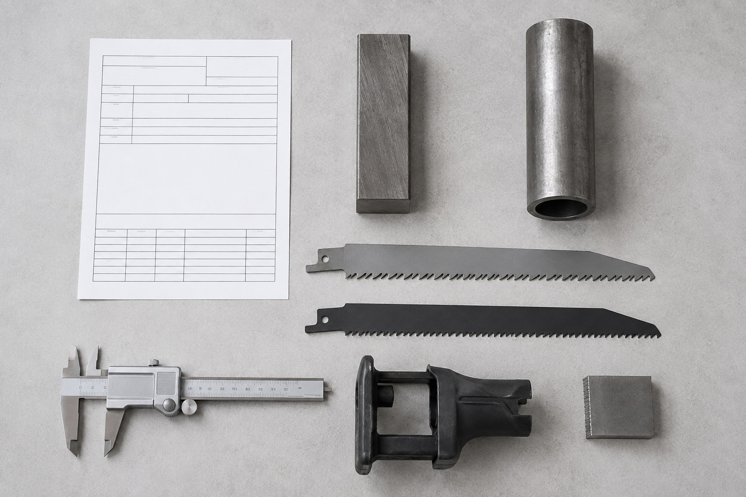 Generic material record, steel sections, blades, caliper, saw shoe, and sample coupon