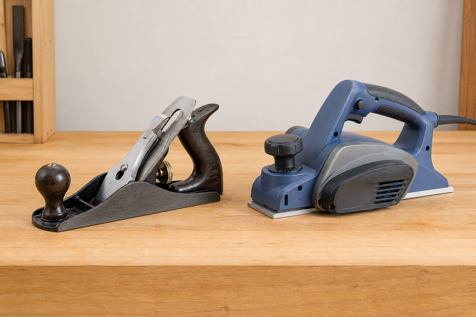 Generic manual hand plane and unbranded electric hand planer shown as separate tool categories