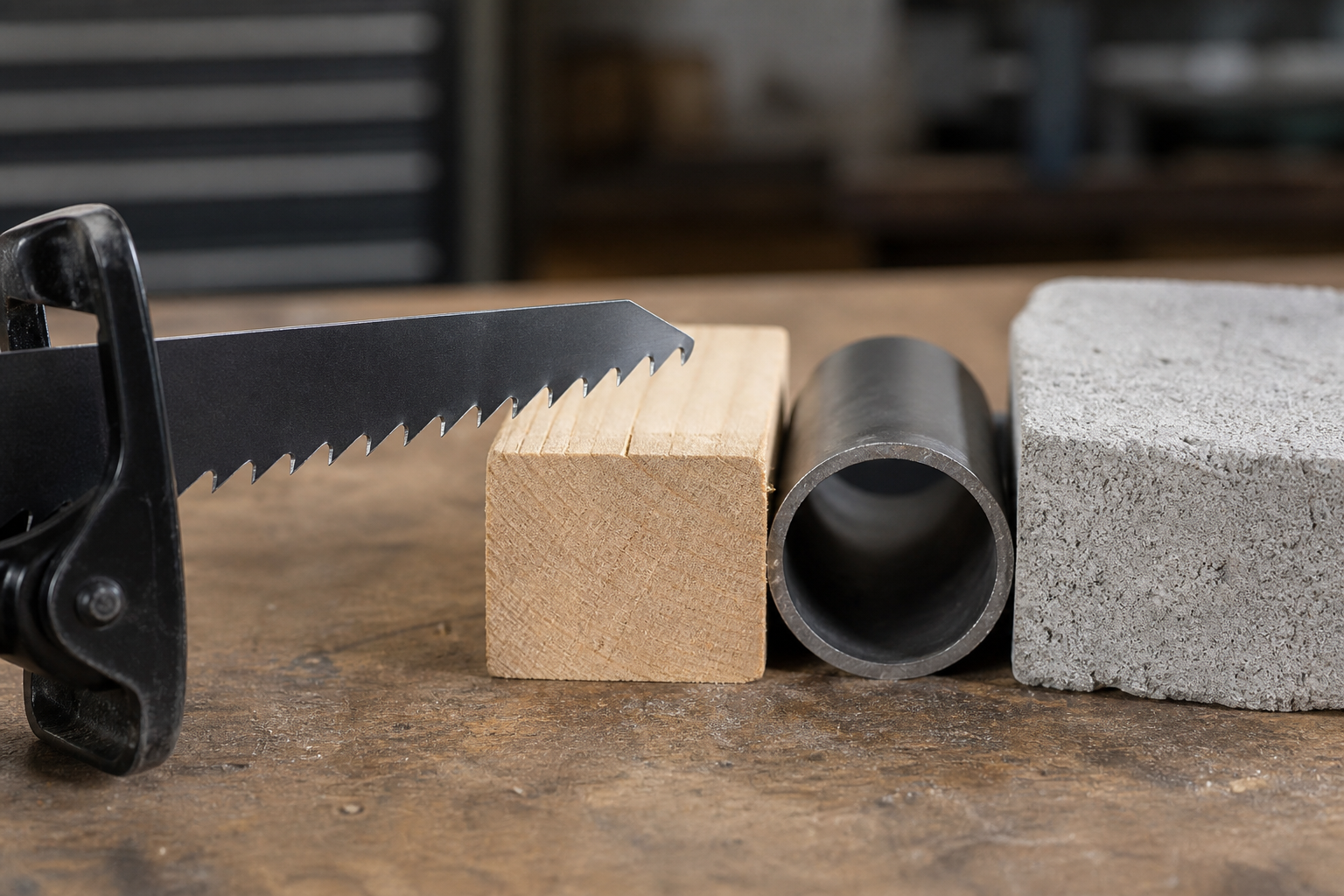 Generic reciprocating saw blade beside wood metal pipe and masonry-like material samples