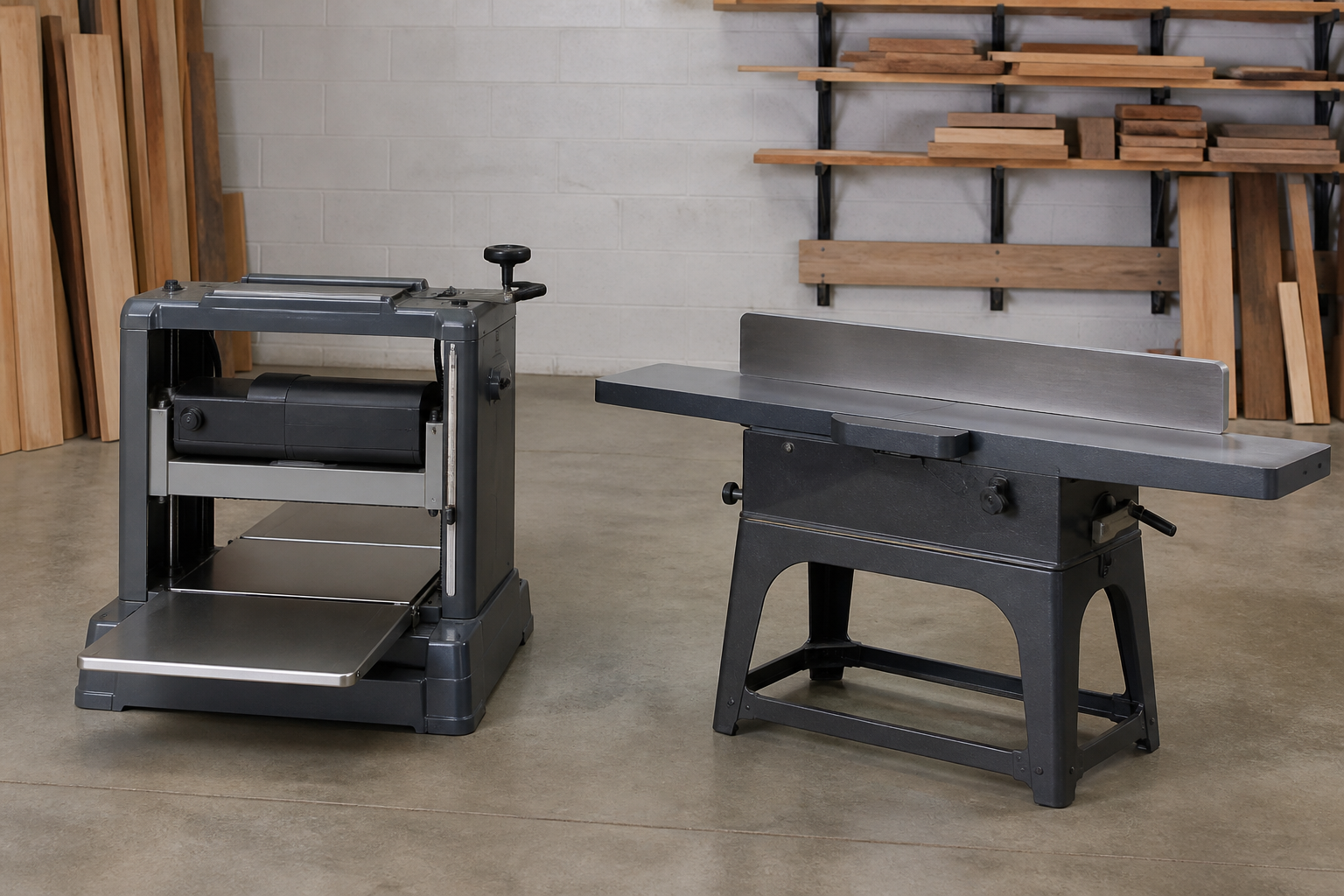 Generic thickness planer and jointer-like work surface shown separately in a workshop