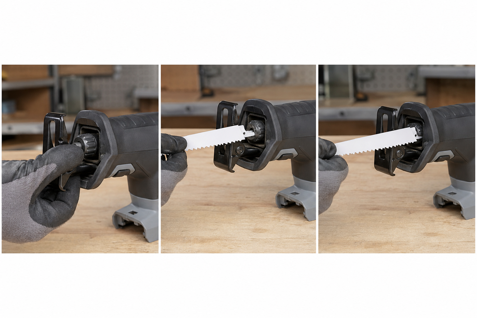 Generic three-panel reciprocating saw blade clamp sequence