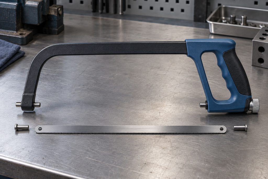 Complete hacksaw frame with handle, mounting pins, tension adjuster, and separate blade