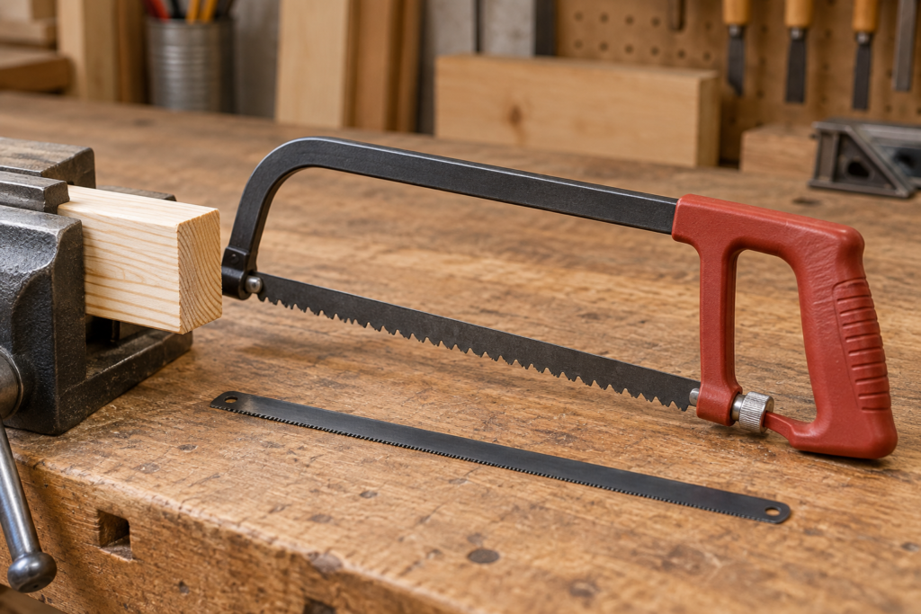 Coarse-tooth wood-cutting hacksaw blade beside softwood and a separate fine-tooth blade