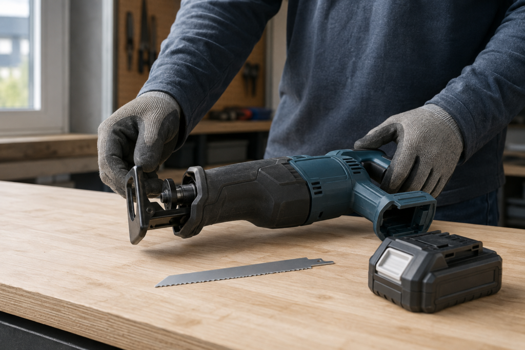 Cordless reciprocating saw with its battery removed before a blade change