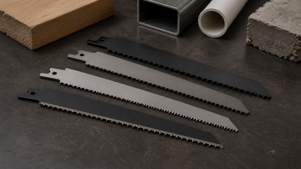 Generic unbranded reciprocating saw blades beside neutral material samples