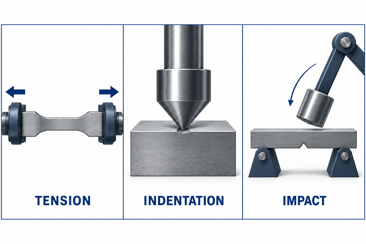Conceptual tension, indentation and impact arrangements illustrating three different material-test questions