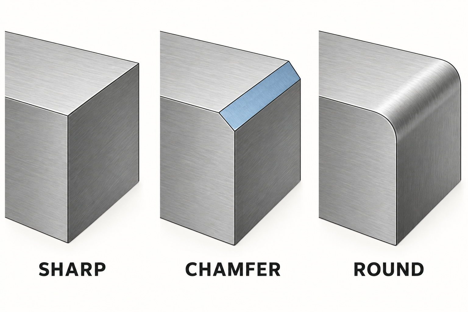 Sharp, chamfered and rounded generic edges compared with a flat blue chamfer face in the center