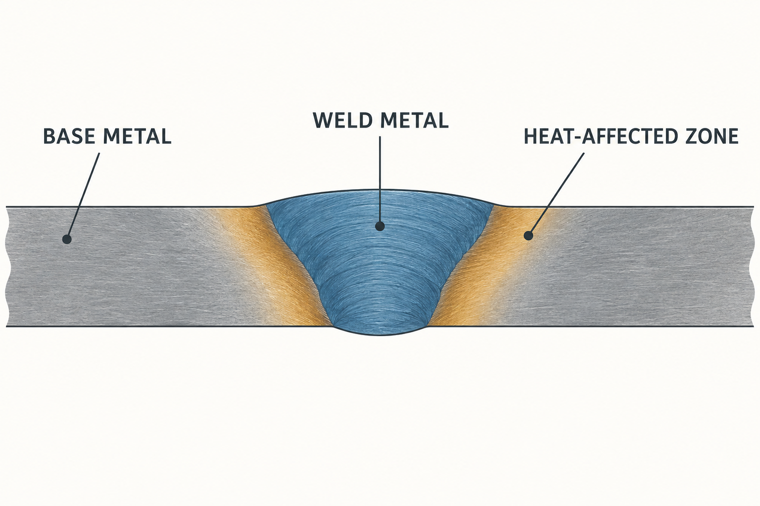 Conceptual cross-section labeling base metal, weld metal and the neighboring heat-affected zone
