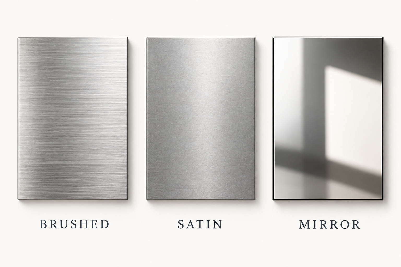 Illustrative brushed, satin and mirror samples showing different grain and reflection appearances