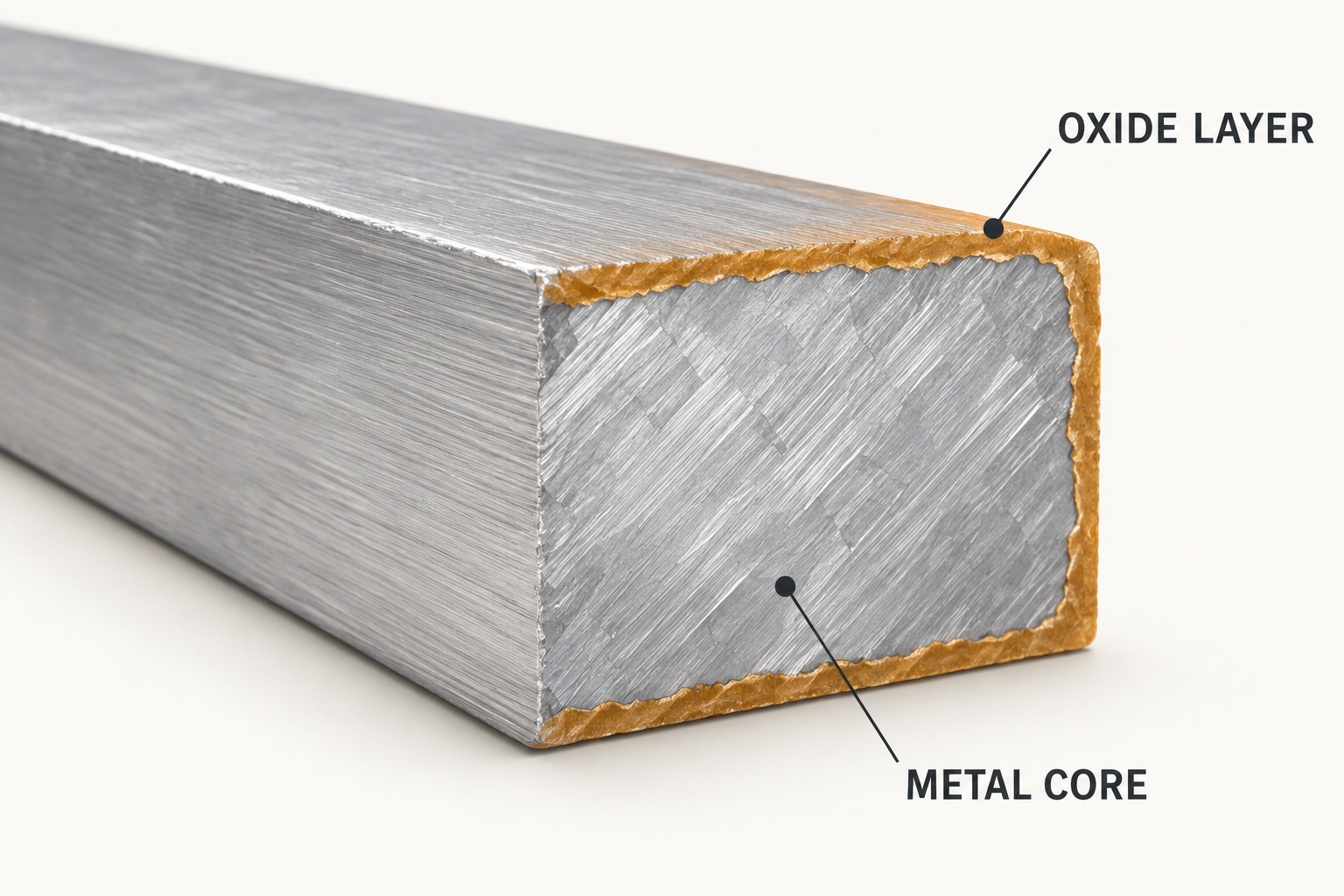 Conceptual aluminum bar cutaway separating a silver metal core from a highlighted surface oxide layer