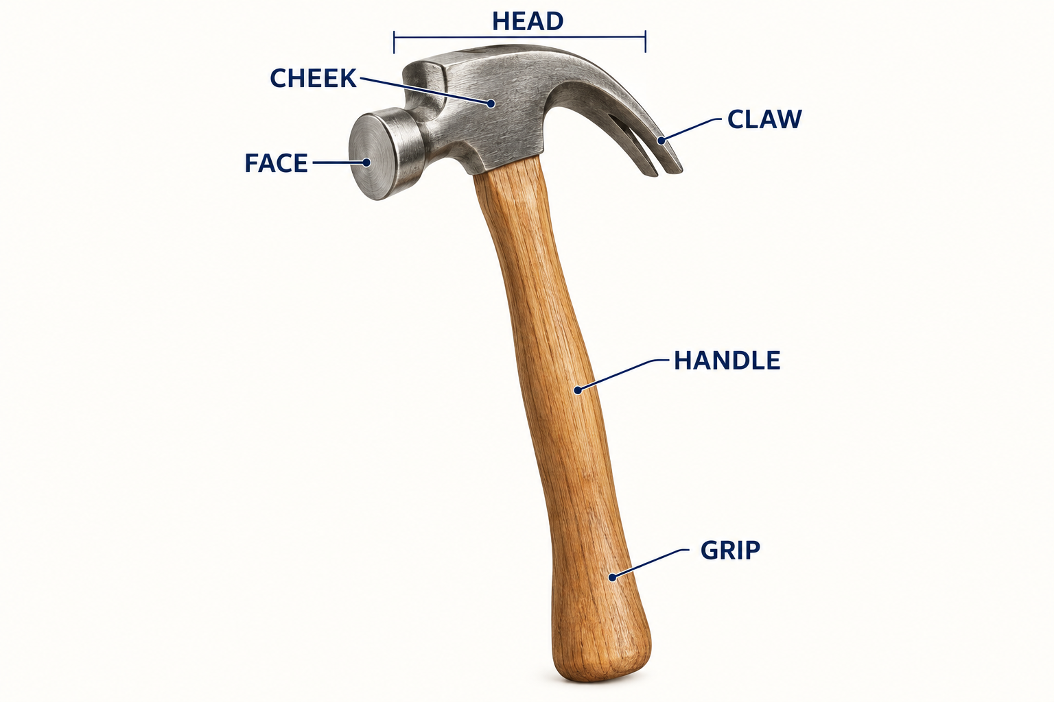 Labeled wooden-handled claw hammer showing head, face, cheek, claw, handle and wooden gripping region