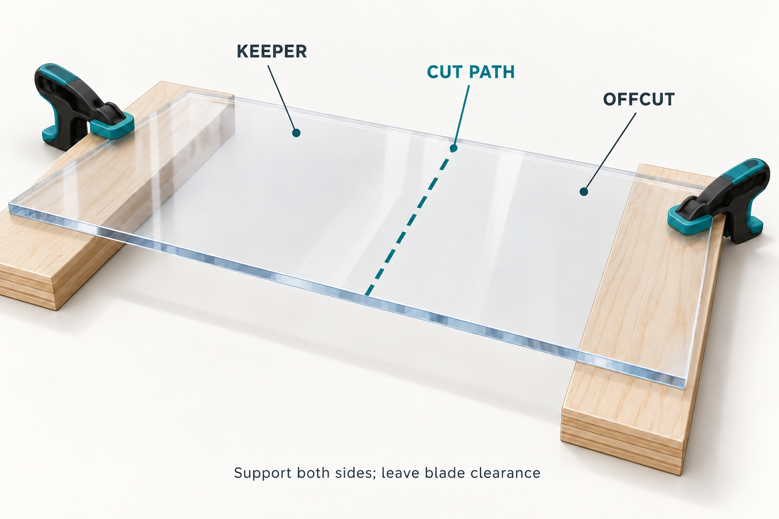 Explanatory illustration of acrylic keeper and offcut supported on either side of an unobstructed cut path