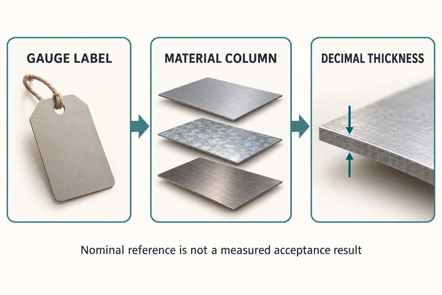 Explanatory flow from gauge label through material column to decimal sheet thickness