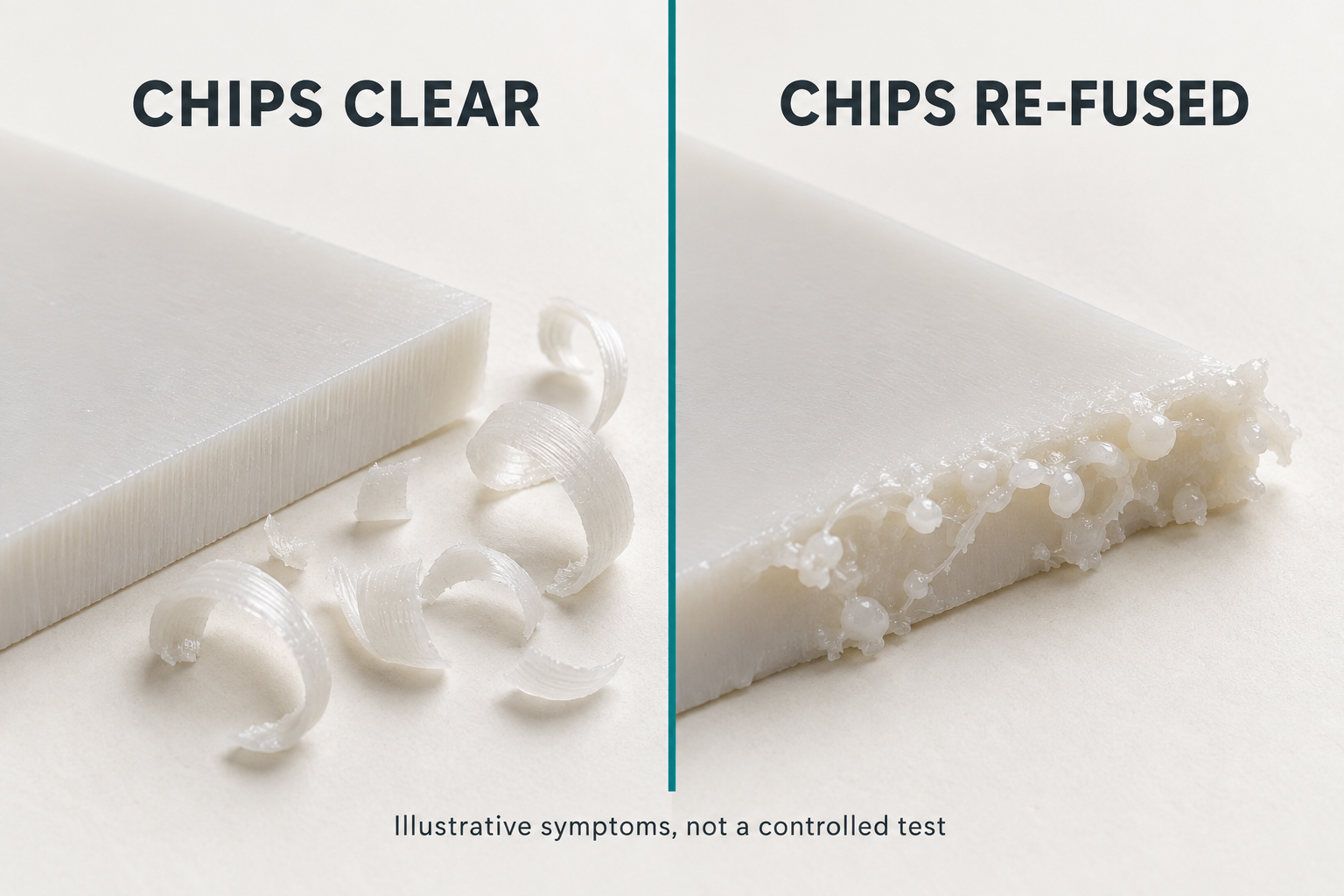 Conceptual comparison of separate plastic chips and re-fused material along a cut edge